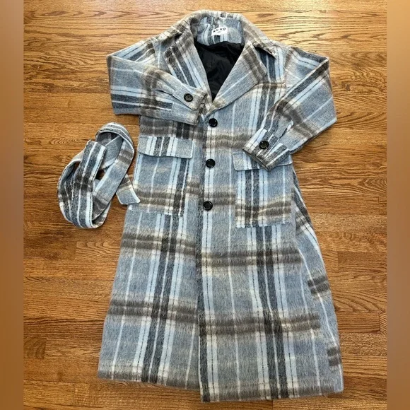 Excellent condition NA-KD Blue Checked Long Oversized Belted Trench Coat - Picture 3 of 7